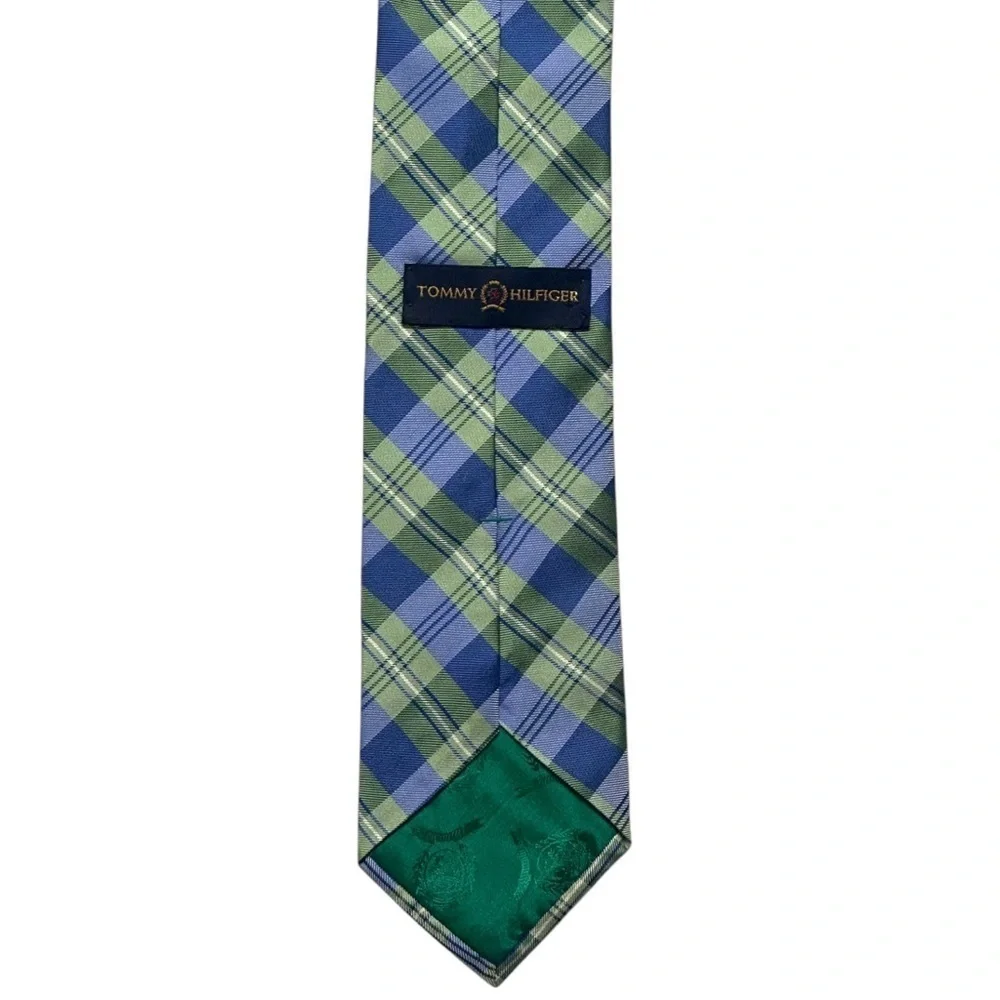 Tommy Hilfiger 100% Silk Patternblock Tie Blue/Green Plaid & Navy/White Stripe